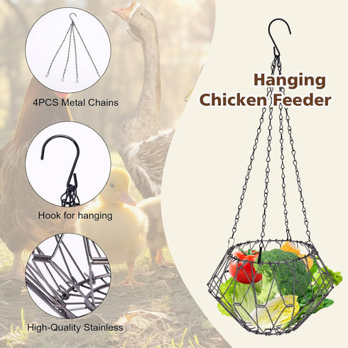 2PCS Hanging Chicken Feeder, Chicken Toys for Coop, Foldable Large Poultry Vegetable Fruits Feeder Basket with Hanging