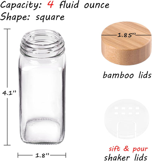 24 4 Oz 547 3 Churboro Spice Jars with Labels & Bamboo Lids - Glass Containers with Shaker Lids, Spice Labels