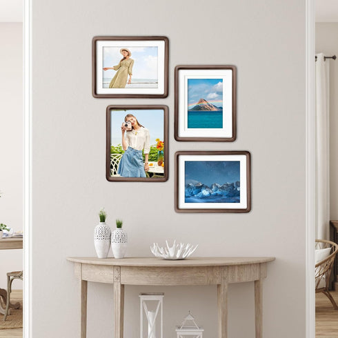 RRQKMBO 8x10 6x8,Rounded Natural Dark Walnut Solid Wood Picture Frames, Hand Make Crafted Original Wood Frame with Mat