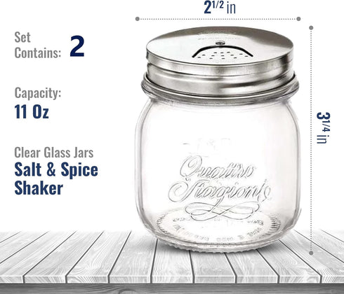Bormioli Rocco Quattro Stagioni Set Of 2 Mason Jars - Salt And Spice Shaker, With Adjustable Pour Holes, 11 Oz. Durable Glass, Stainless Steel Lid, Made In Italy.