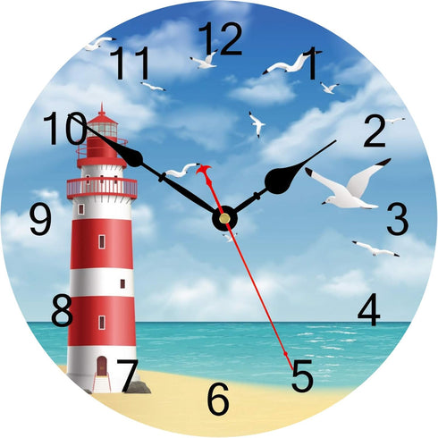 TAHEAT Lighthouse Seagull Ocean Wall Clock, 14 Inch Wooden Battery Operated Silent Non Ticking Easy to Read Clock for