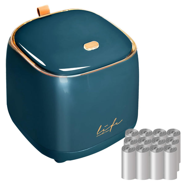 Mini Trash Can with 10 Rolls of Bags, Tiny Desktop Trash Can with Press Type Lid for Bathroom Vanity, Home Office (Dark