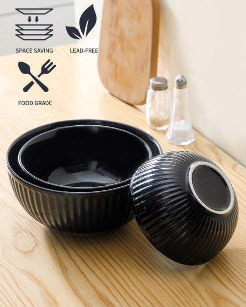 Hasense Mixing Bowls Set of 3, Large Ribbed Black Bowls 1.5/1/0.5 Qt for Kitchen, Cooking, Baking & Serving