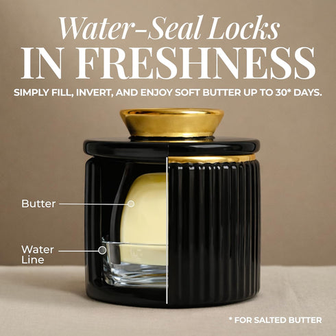 Countertop Counter Butter Crock with Lid for Black and Gold Ceramic French Butter Dish for Soft Butter, Airtight Water