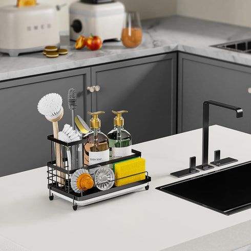 Cisily Kitchen Sink Caddy Organizer, Rustproof Non-Slip Soap Dish Dispenser Brush, Matte Black