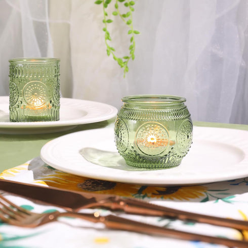 12pcs Assorted Green Votive Candle Holders for Wedding Table Decorations, Glass Tea Lights Candle Holder for Bridal