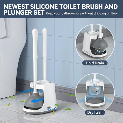 Newest Toilet Plunger and Brush Set, Heavy Duty Silicone Brush and Ventilated Holder, 2-in-1 Combo for Bathroom