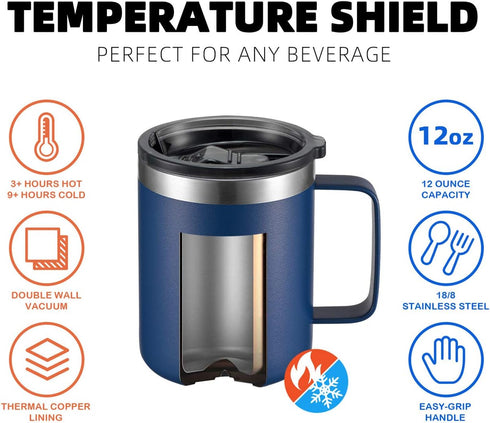 ALOUFEA 12oz Stainless Steel Insulated Coffee Mug with Handle, Double Wall Vacuum Tumbler Cup, Navy