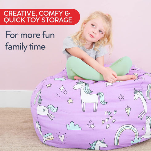 Creative QT Stuff ’n Sit Large 33’’ Bean Bag Storage Cover for Stuffed Animals & Toys, Purple Unicorn Bedroom Organizer