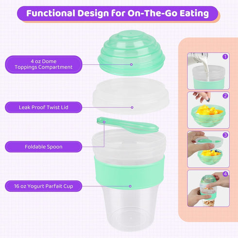 Torchero 4 Pack 20 oz Yogurt Parfait Cups with Lids Reusable - Overnight Oats Containers with Lids Folding Spoons