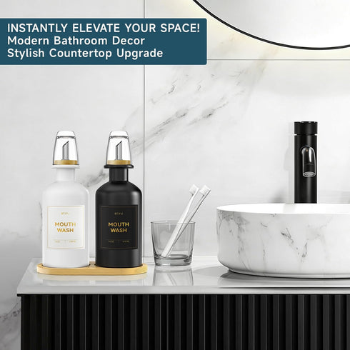 BTIFU 2PCS Countertop 14oz/410ml Glass Mouthwash Dispenser for Bathroom Refillable Mouthwash Bottle with Glass Cup
