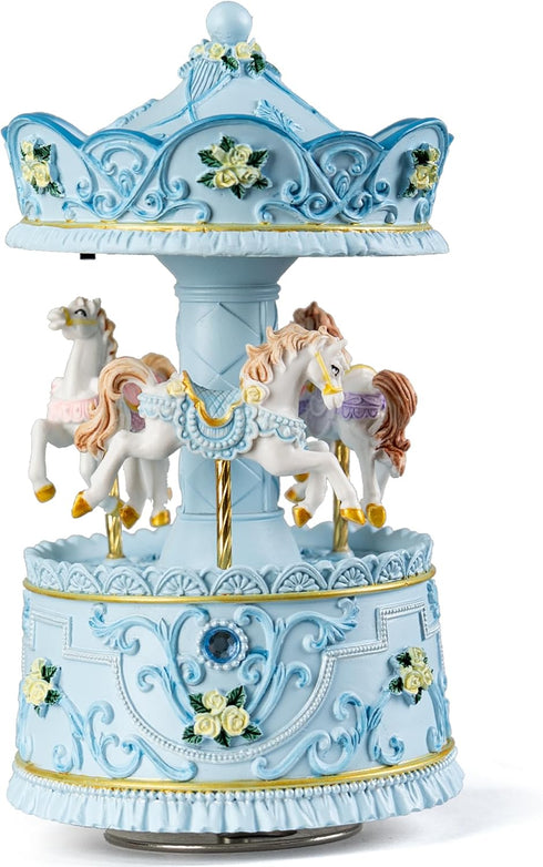 Elegant Blue Carousel Music Box,Handcrafted Rotating Horses & Floral Details Musical Figurine