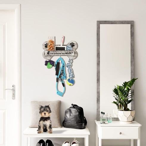 J JACKCUBE DESIGN Rustic White Bone Shape Wall Mounted Dog Leash Holder - 3 Key Holder Hooks and Extra Storage Box