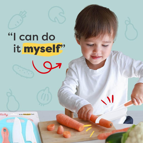 Baketivity Kid Safe Plastic Knives for Real Cooking - Knife Set with Cutting Board, Peeler, Blunt Tip