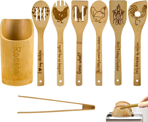 8PCS Rooster Wooden Cooking Spoons with Holder, Farmhouse Kitchen Decor Gifts for Women