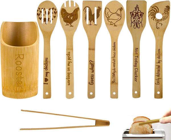 8PCS Rooster Wooden Cooking Spoons with Holder, Farmhouse Kitchen Decor Gifts for Women