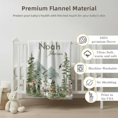 Personalized Woodland Baby Blanket with Name, Custom Name Blanket for Boy, Printed in USA, Super Soft Blankets