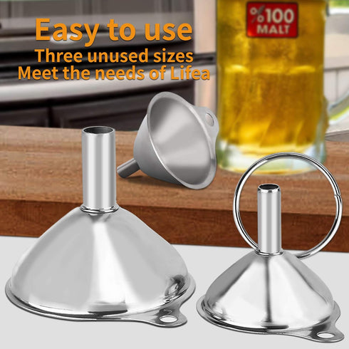 Metal Stainless Steel Funnel Set of 3, Large Medium Small Food Grade Mini Funnels for Kitchen Use with 2 Brushes YLYL
