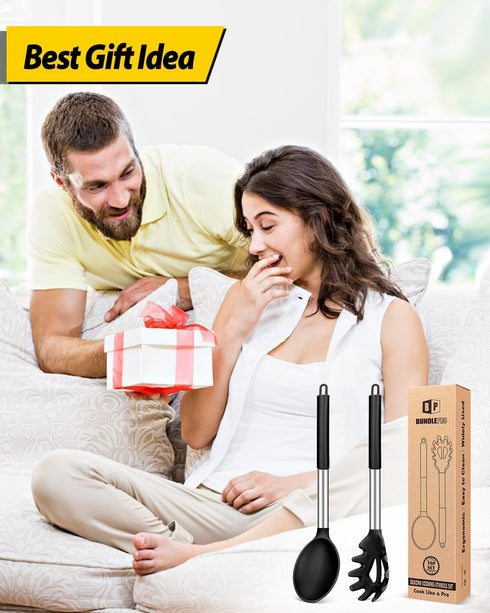 Silicone Pasta Fork and Cooking Spoon Set, Non-Stick Kitchen Utensils for Spaghetti and Soup