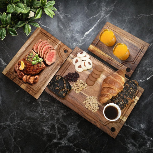 Set 3 Acacia Wood Cutting Board, Solid Wood Cutting Board of with holding stand and Deep Juice Grooves & Built
