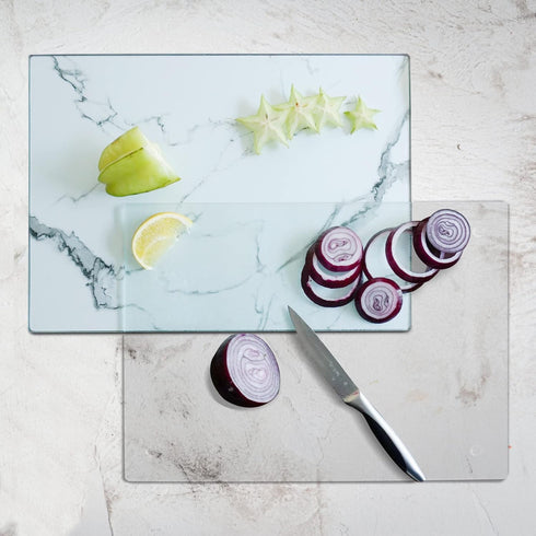 Tempered Glass Cutting Board Set of 2-16x12 inch Marble Pattern Cutting Board for Kitchen Counter - Scratch, Heat, Shatter Resistant and Easy to Clean- Black and Clear