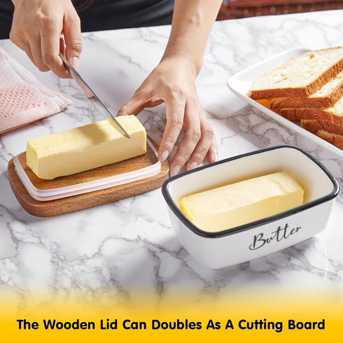 Countertop, Butter Dish with Lid, ALELION Large Ceramic Butter Dish for Butter Keeper with Thick Acacia Wood Lid