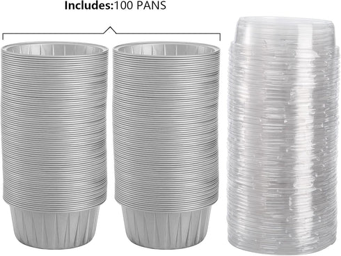 DEAYOU 100-Pack Silver Cupcake Baking Liner with Lid, Tart Pie Tin Pan Holder for Party, Wedding, Creme Brulee