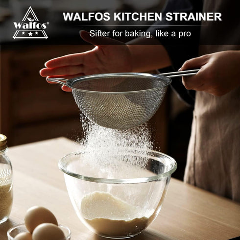 Walfos Fine Mesh Strainers Set, Premium Stainless Steel Colanders and Sifters with Reinforced Frame, Perfect for