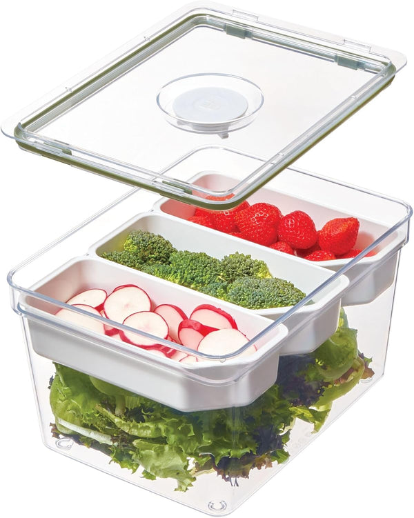 IDESIGN Large Tall Clear Produce Storage Bin with 3 Movable Dividers, The Fresh Collection – 7.85” L x 10.5” W