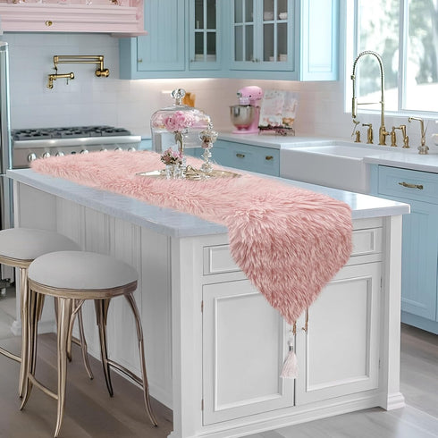 72 inch Blush Pink Table Runner Triangular End, Spring Mother's Day Fluffy Faux Fur Dresser Runners for Bedroom, Coffee