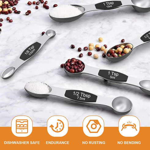Magnetic Measuring Spoons Set - Wildone Stainless Steel Double Sided Set of 7 Black for Dry & Liquid Ingredients