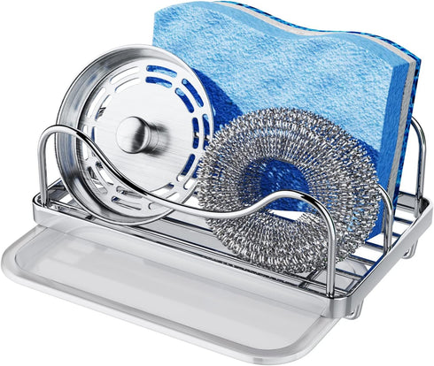 Consumest 304 Stainless Steel Sponge Holder for Kitchen Sink, Movable Caddy with Detachable Drip Tray - Silver