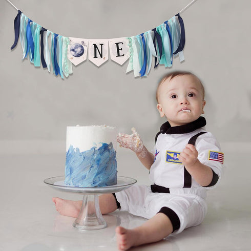 HUHJRUAR 1st Outer Space Planets High Chair Banner - Astronaut Rocket Birthday Boy High Chair ONE Banner - First Trip
