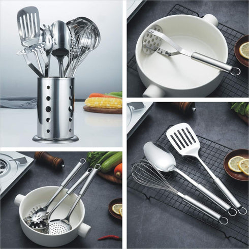 Berglander 8 Piece Cooking Utensil Set, Stainless Steel Kitchen Tools with Stand, Includes Slotted Turner, Ladle