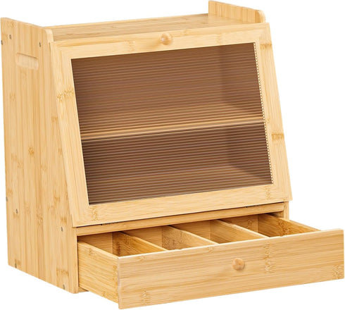 2-Tier Countertop YL21MB01 HOOBRO Bread Box, Bamboo Bread Box Storage Container with Drawer, Kitchen Food Storage Box