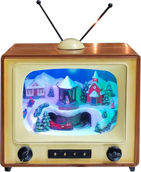 6" 8 MOMENTS IN TIME Retro TV Christmas Village Scene Animated Train, LED Lights, Plays Classic Holiday Songs Battery