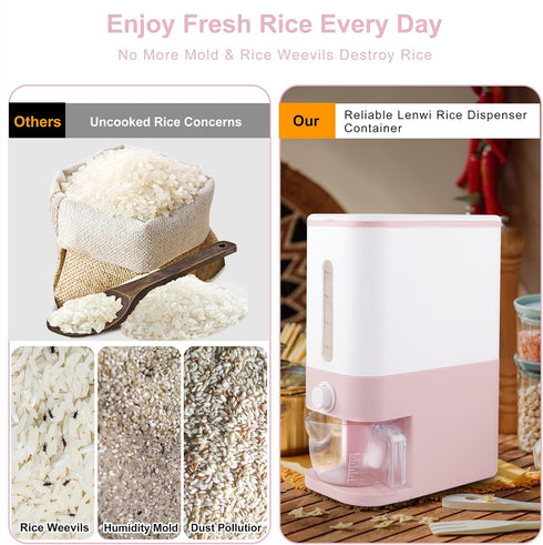Rubtlamp 22.5 Lbs Pink Rice Dispenser - Rice Storage Container with Measuring Cup for Household Kitchen Use.