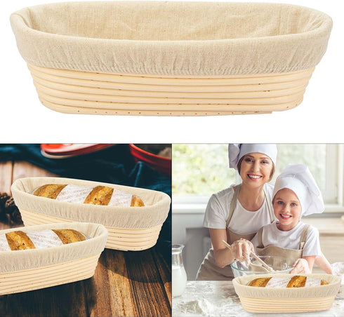2 PCS 10 inch Oval Long Banneton Brotform Rattan Basket & Liner for Bread Dough Proofing, Rising for Bakers