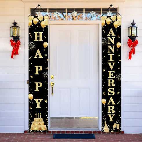 Wedding Anniversary Door Banner, Black Gold Happy Anniversary Sign for Party Decorations, Welcome Porch Outdoor Supplies