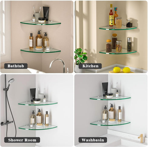 decorstat 2 Pack 8MM-Thick Corner Glass Shower Caddy Tempered Glass Shelf No Drilling Wall Mount Corner Mounted Shelves