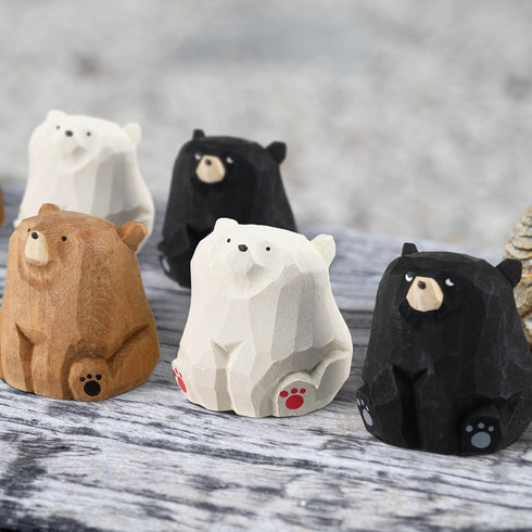 Lineshading 3 Gift(Standing,2 1.2 1.4 Inch) Pcs Mini Wooden Bears Figurines Handmade Carved Small Wooden Black Brown