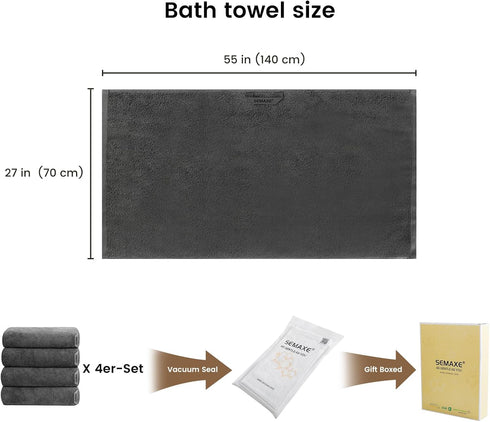 4 Set 100% 55 27 Inch, SEMAXE Piece Grey Bath Towel for Bathroom, Cotton Bath Towels with Hanging Loop, x Soft