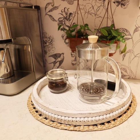 13 Counter, Hrastany Round Wood Serving Tray with Beaded, Rustic Wooden Decorative Coffee Table Tray for Centerpiece
