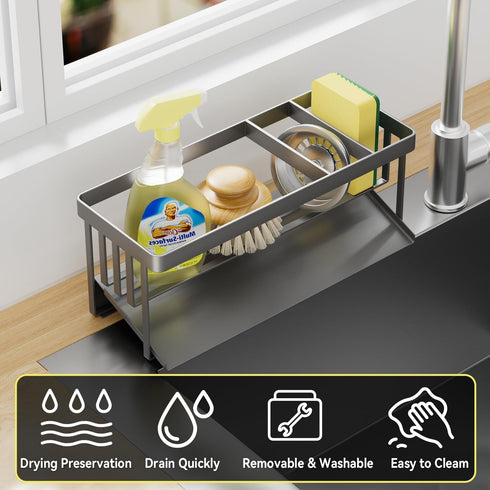 Valdama 304 Kitchen Sink Caddy Organzier with Sponge Holder and Removable Drip Tray for Kitchen Sink, Stainless Steel