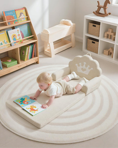 2-in-1 Cozy Kids Couch Fold Out, Soft Teddy Sherpa Toddler Couch with Crown Design, Convertible Kids Sofa to Lounger