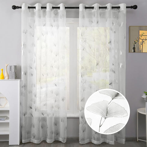 Silver Foil Print Voile Sheer Curtains, 72 Inches Long Grommet Top Window Drapes for Home Decoration
