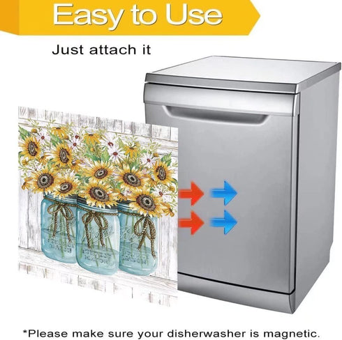Farm Sunflower Dishwasher Cover Magnet Sticker, Vase Sunflowers Fridge Decal, Farm Style Vinyl Home Appliance Cover
