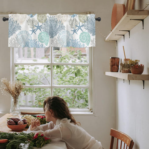 Blue Farmhouse Short Window Curtain Valances, Summer Beach Coral Starfish Valances, Nautical Coastal Rod Pocket