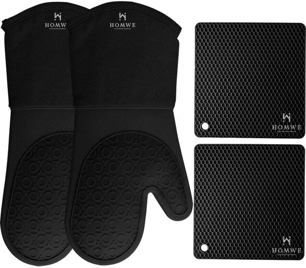 HOMWE Silicone Oven Mitts and Pot Holders - 4-Piece Set Heavy Duty Cooking Gloves