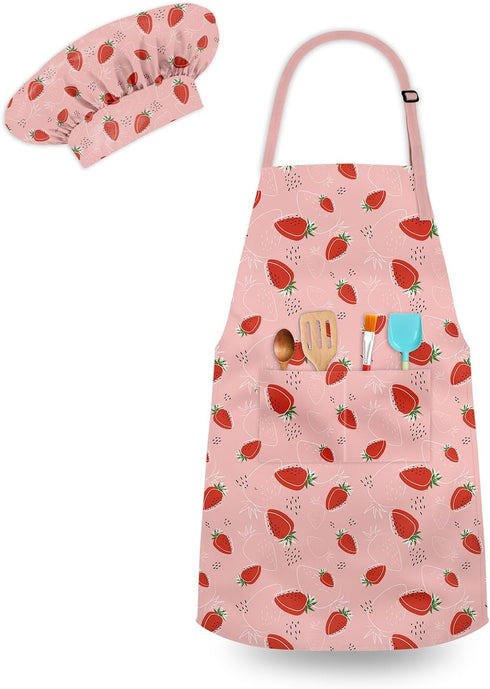 Adjustable Kids Chef Hat and Apron, Toddler Aprons with Pocket for Cooking Baking, Girls Boys